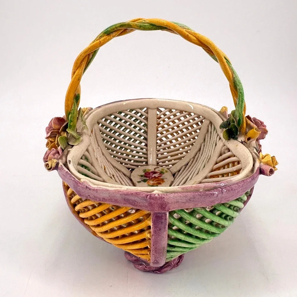Handmade Vintage Ceramic Flower Basket Pink Roses Trinket Decor Dish Capodimonte